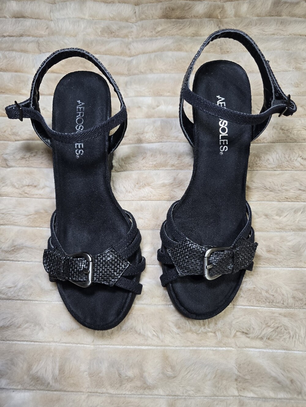Aerosoles Black Woven Strappy Wedge Sandals Buckle Ankle Strap 6.5